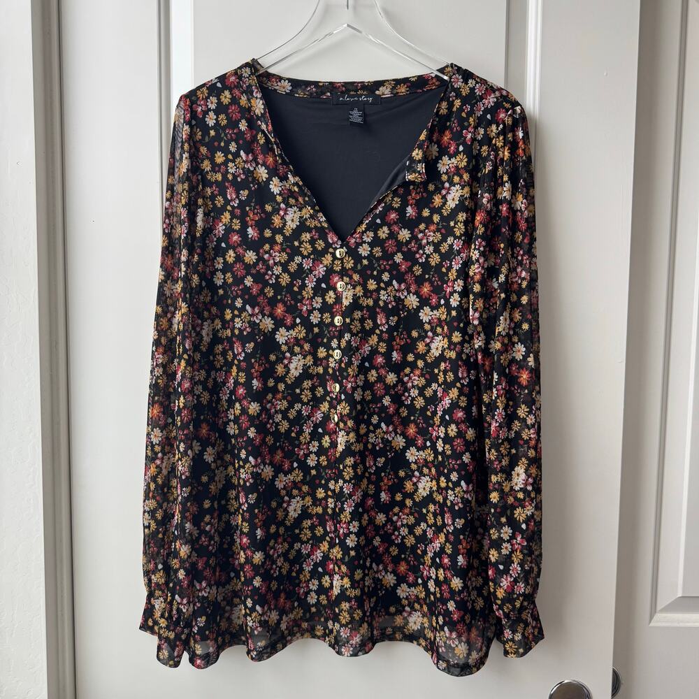 A Love Story Mesh Floral Top Long Sleeve Black